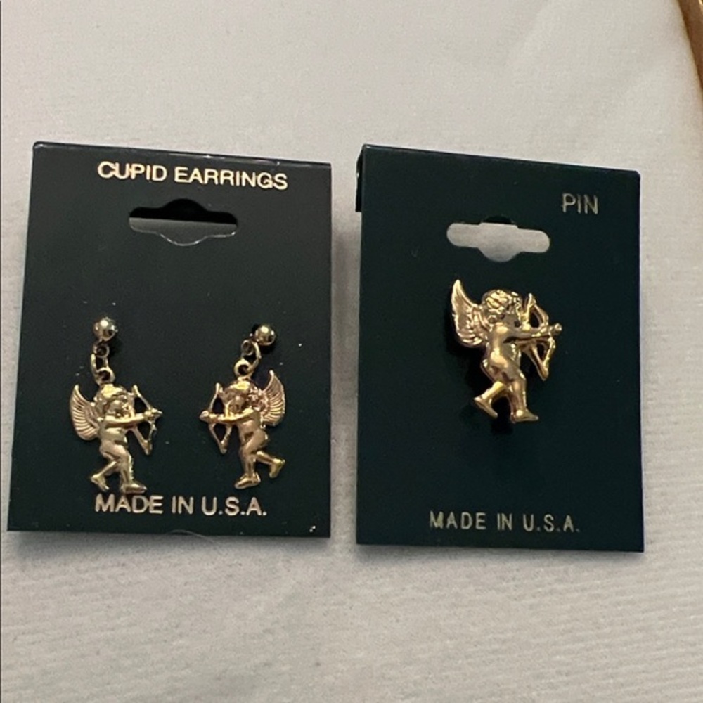 Cupid Angel Dangle Earrings & Matching Pin Set | Gold Tone